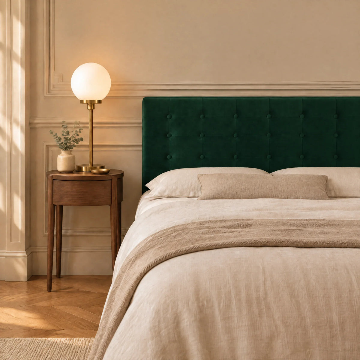 Tête de lit boutonnée en velours vert sapin dans une chambre d'adulte