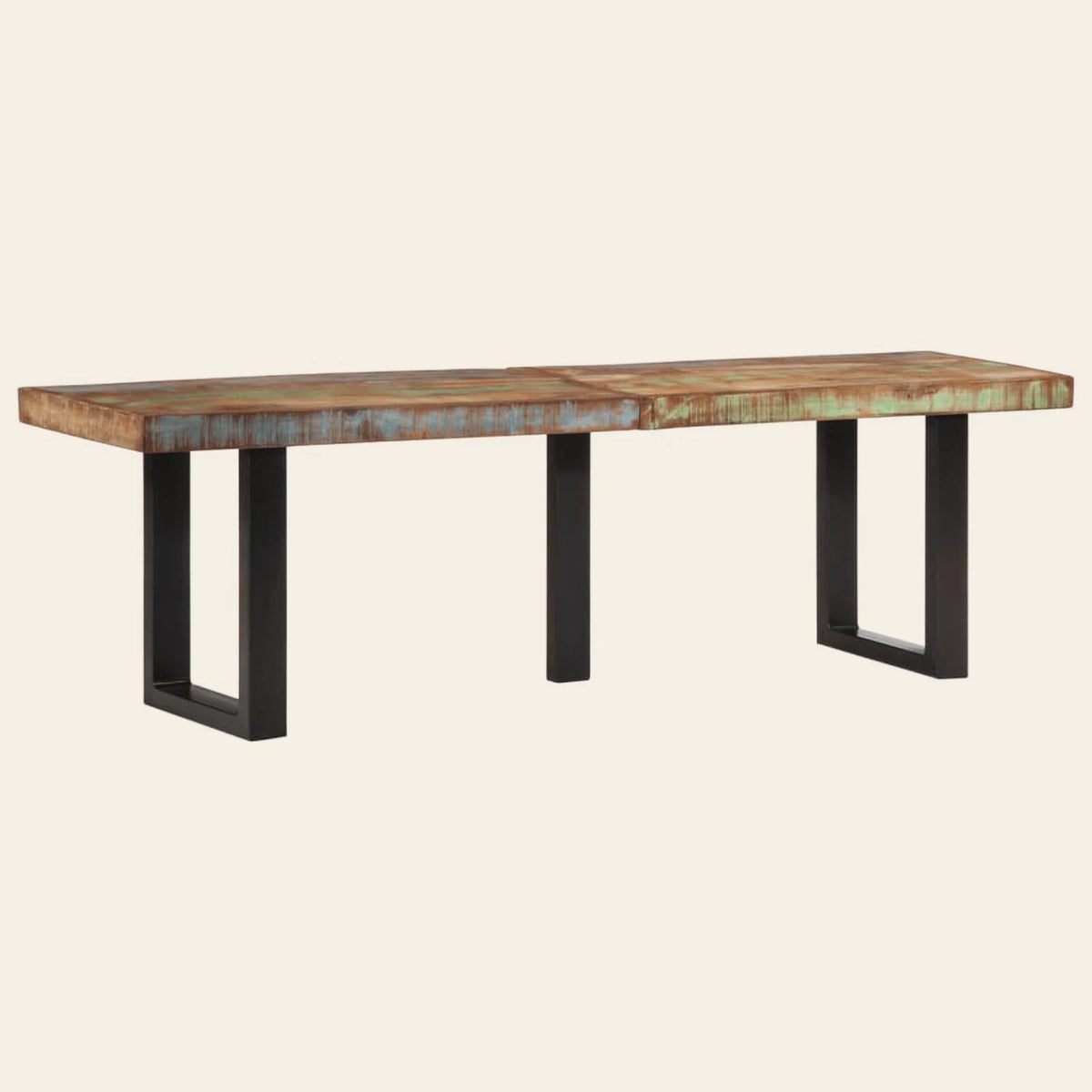 Banc de lit Molière en bois de récupération massif, vue de trois quarts