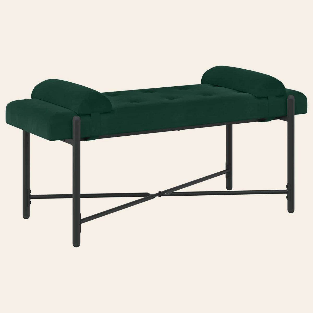 Banc de lit Jouffroy vert sapin en velours capitonné, vue de trois quarts