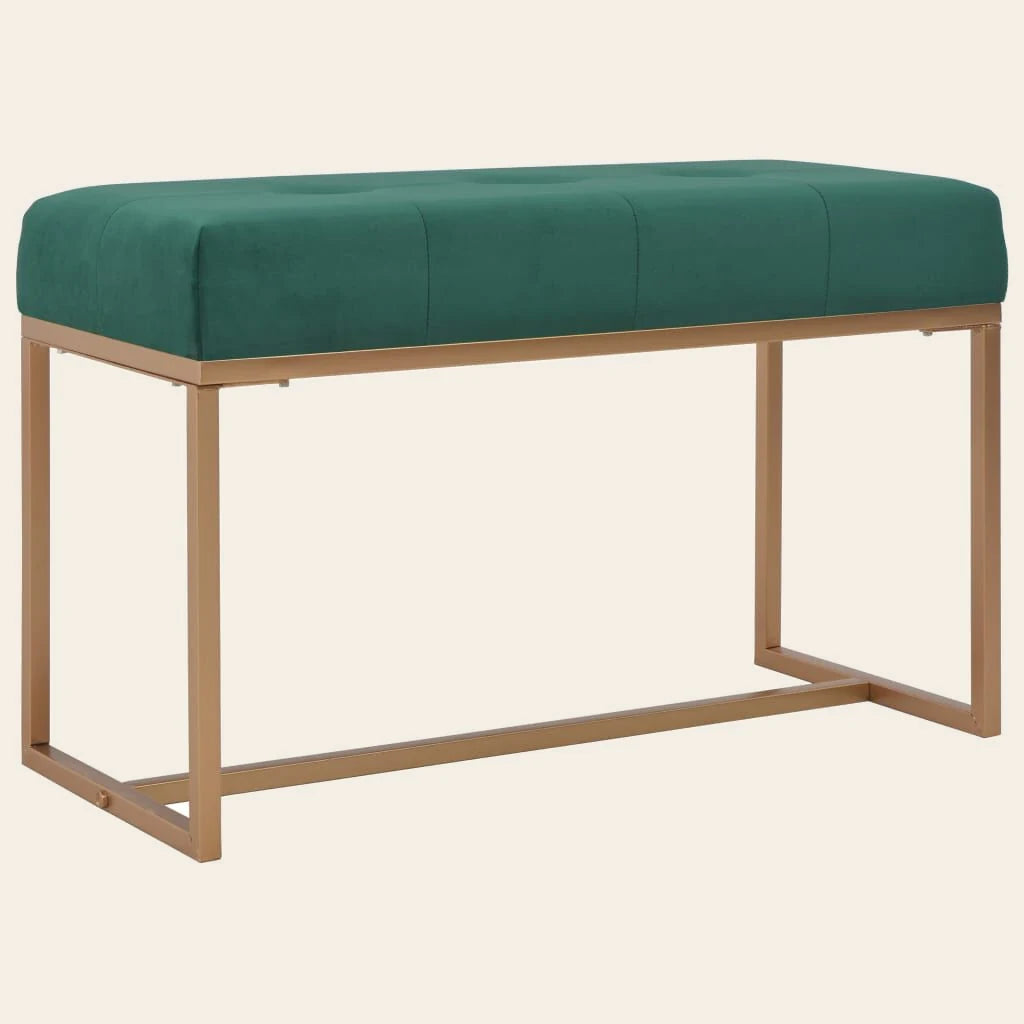Banc de lit Valois vert sapin en velours et métal doré, vue de trois quarts