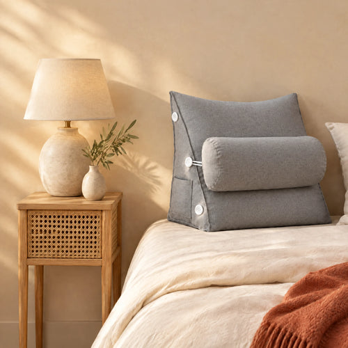 Coussin de lecture Sorbonne gris sur un lit, avec table de chevet et lampe