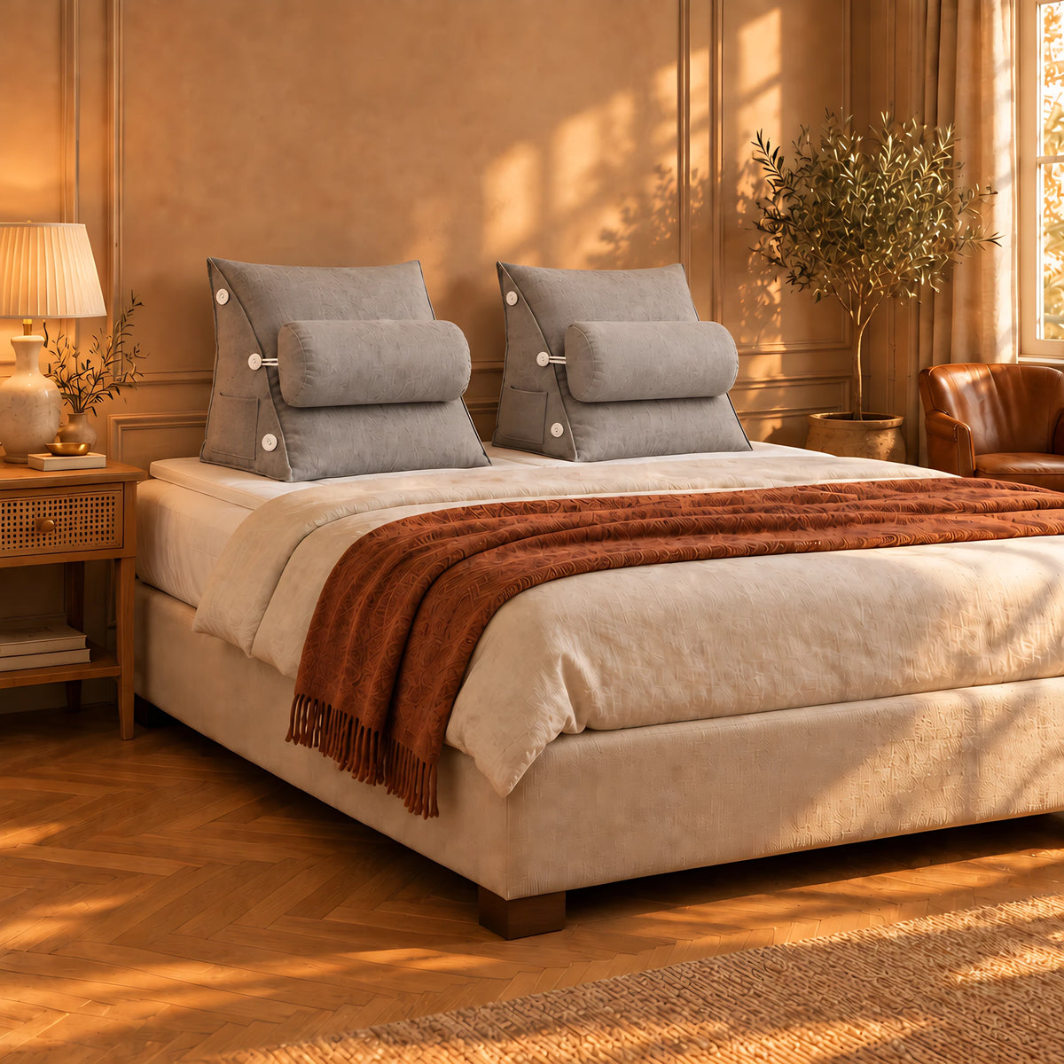 Coussin de lecture Sorbonne gris sur un lit, vue de trois quarts