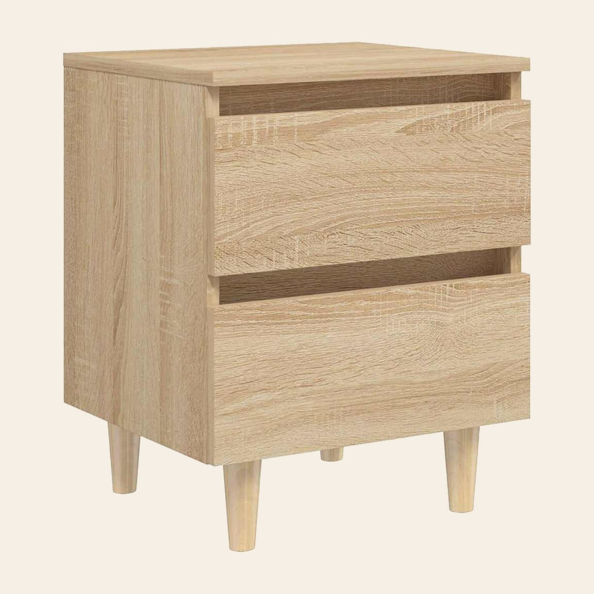 Table de chevet Aurore en décor chêne clair, deux tiroirs, pieds en pin massif