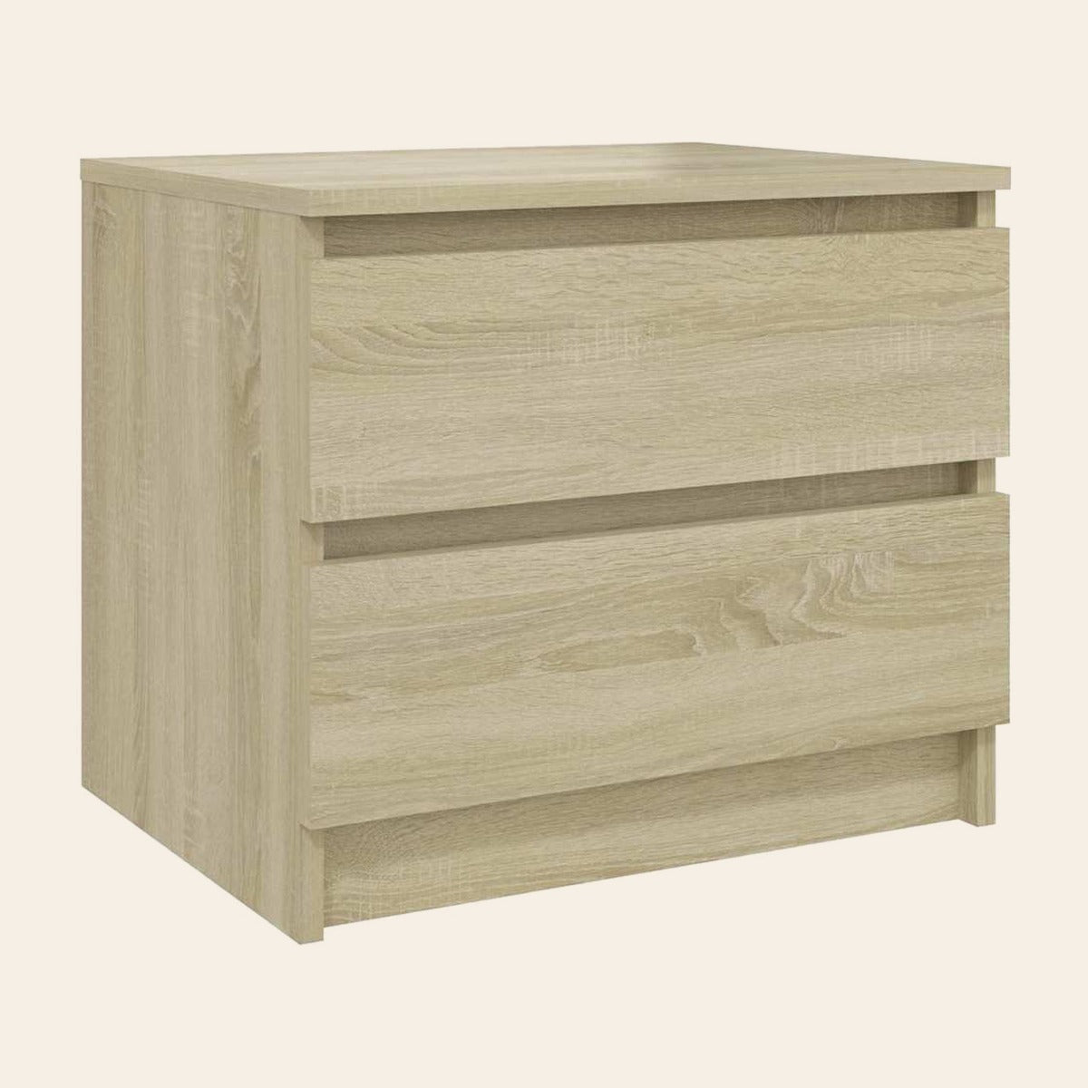 Table de chevet Crépuscule en décor chêne clair, deux grands tiroirs, plinthe en retrait