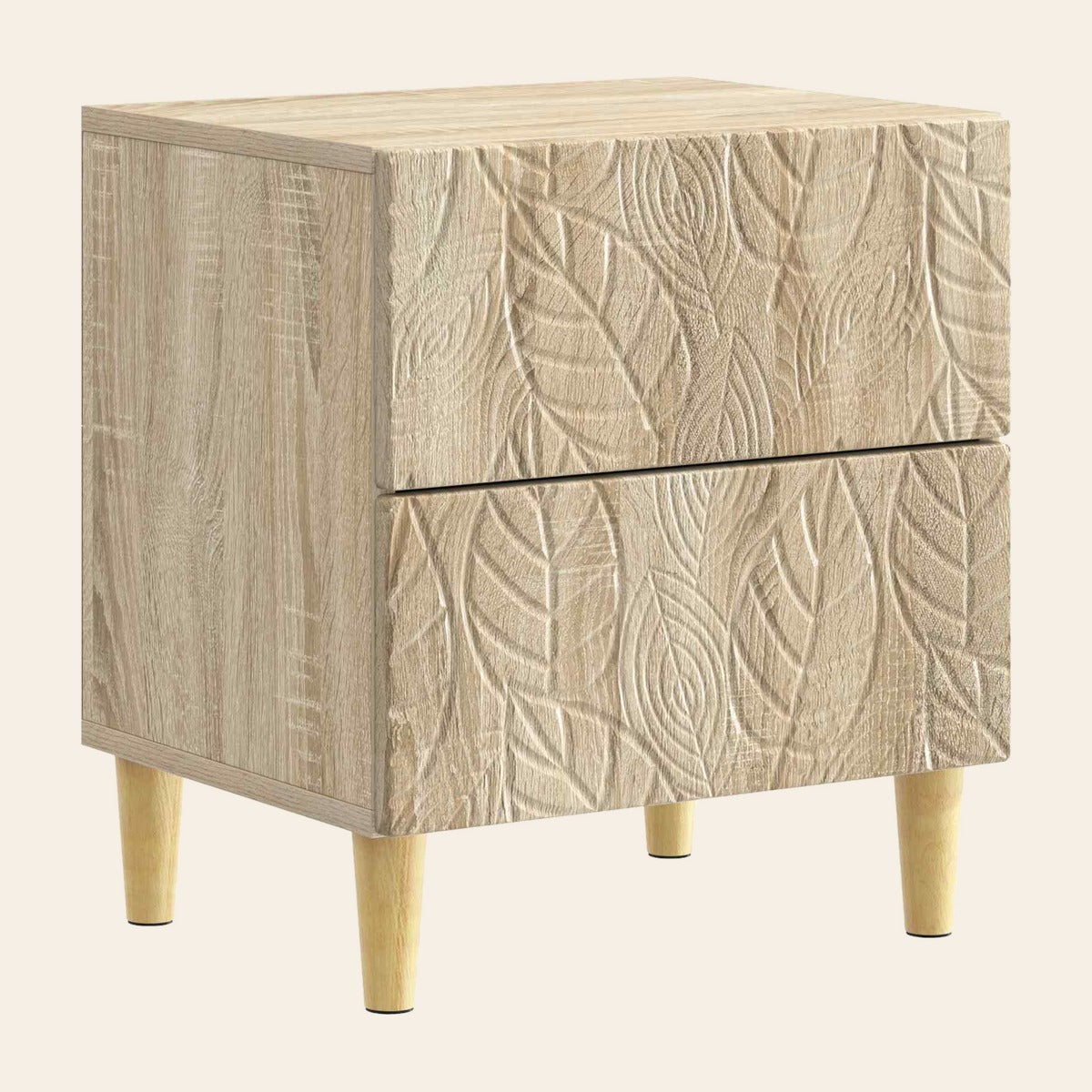 Table de chevet Songe en décor chêne clair, deux tiroirs sculptés de feuilles, pieds en eucalyptus