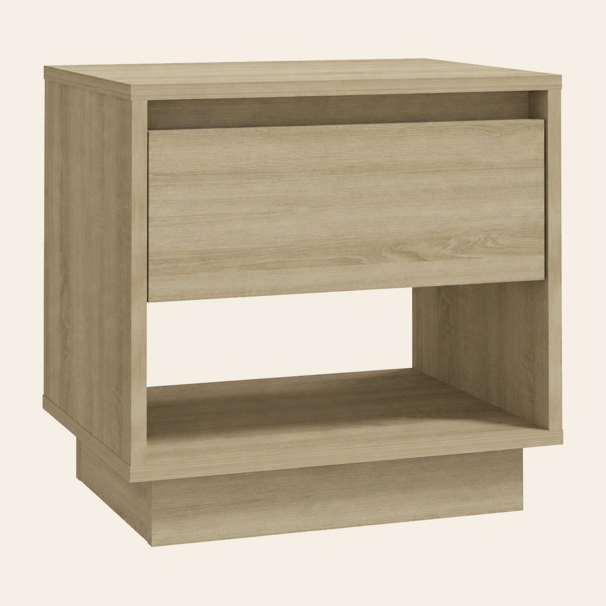 Table de chevet Veilleuse en décor chêne clair, tiroir et niche ouverte, socle en retrait
