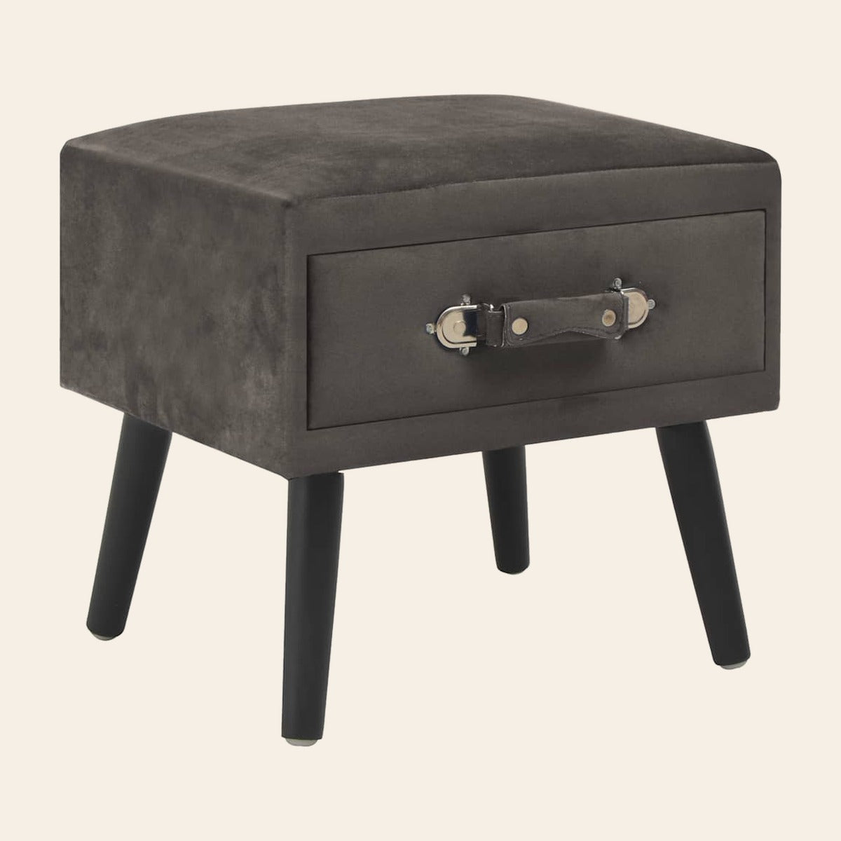Table de chevet Brume en velours gris, vue de trois quarts