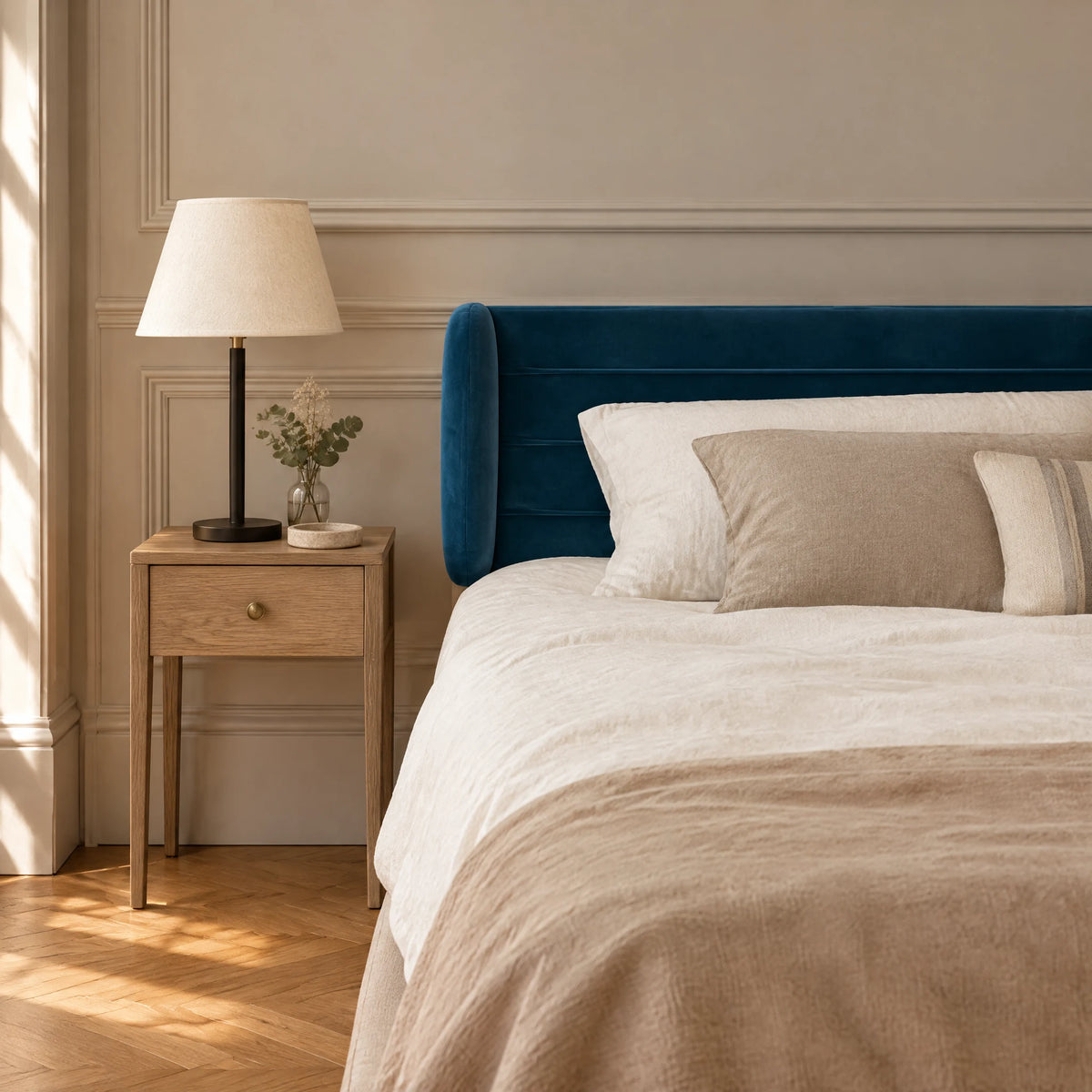 Tête de lit à oreilles en velours ligné Chaillot bleu canard dans une chambre, avec table de chevet et lampe