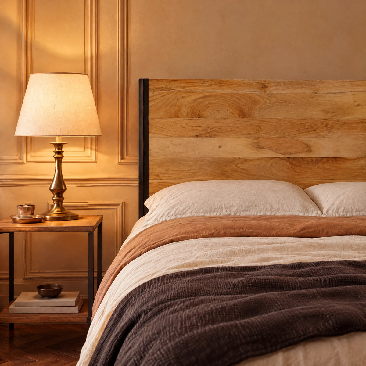 Tête de lit en acacia massif et fer Champ-de-Mars, dans une chambre, avec table de chevet et lampe