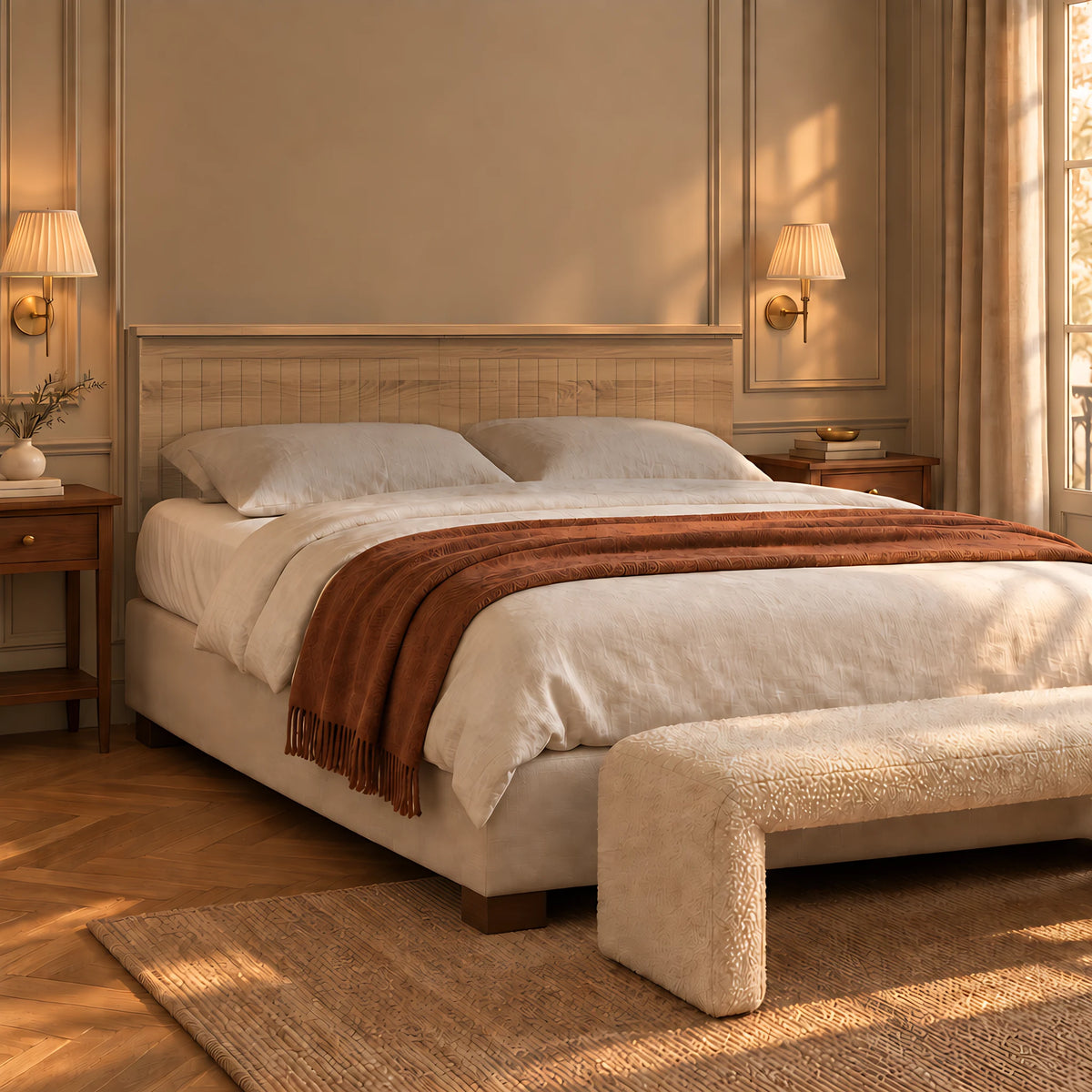 Tête de lit en bois à poser Monceau chêne clair dans une chambre lumineuse, vue de trois quarts