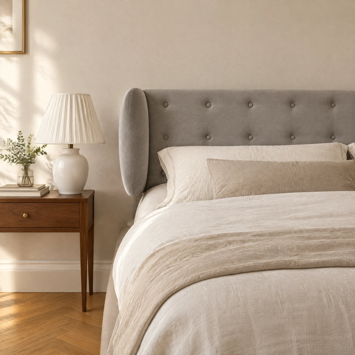 Tête de lit boutonnée à oreilles en velours Auteuil gris clair dans une chambre, avec table de chevet et lampe