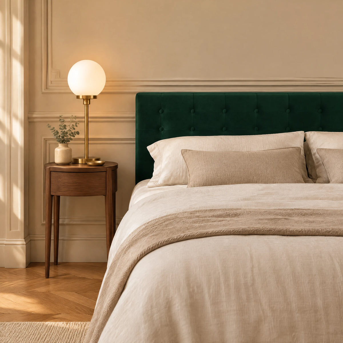 Tête de lit boutonnée en velours Dauphine vert sapin dans une chambre, avec table de chevet et lampe