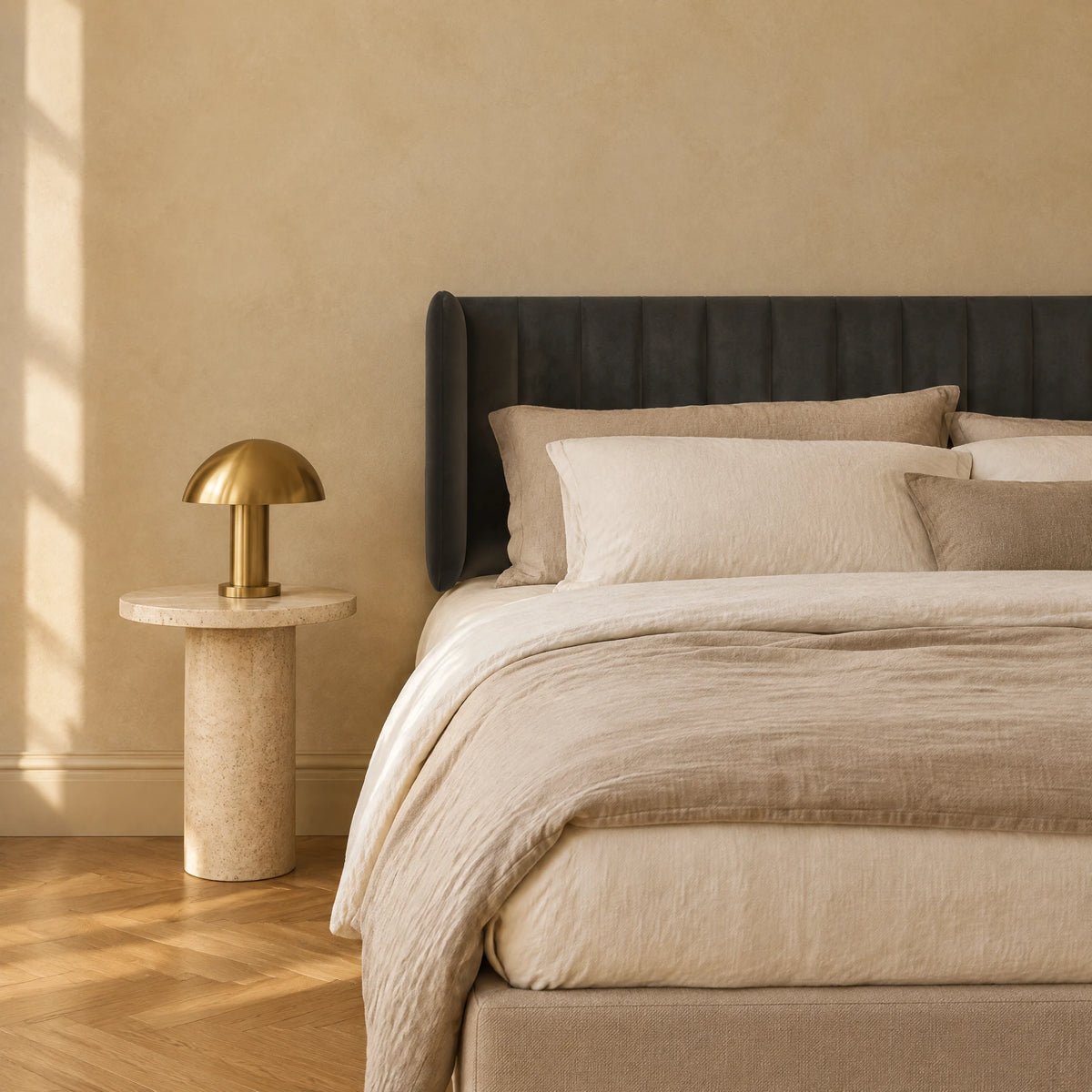 Tête de lit cannelée à oreilles en velours Varenne gris anthracite dans une chambre, avec table de chevet et lampe