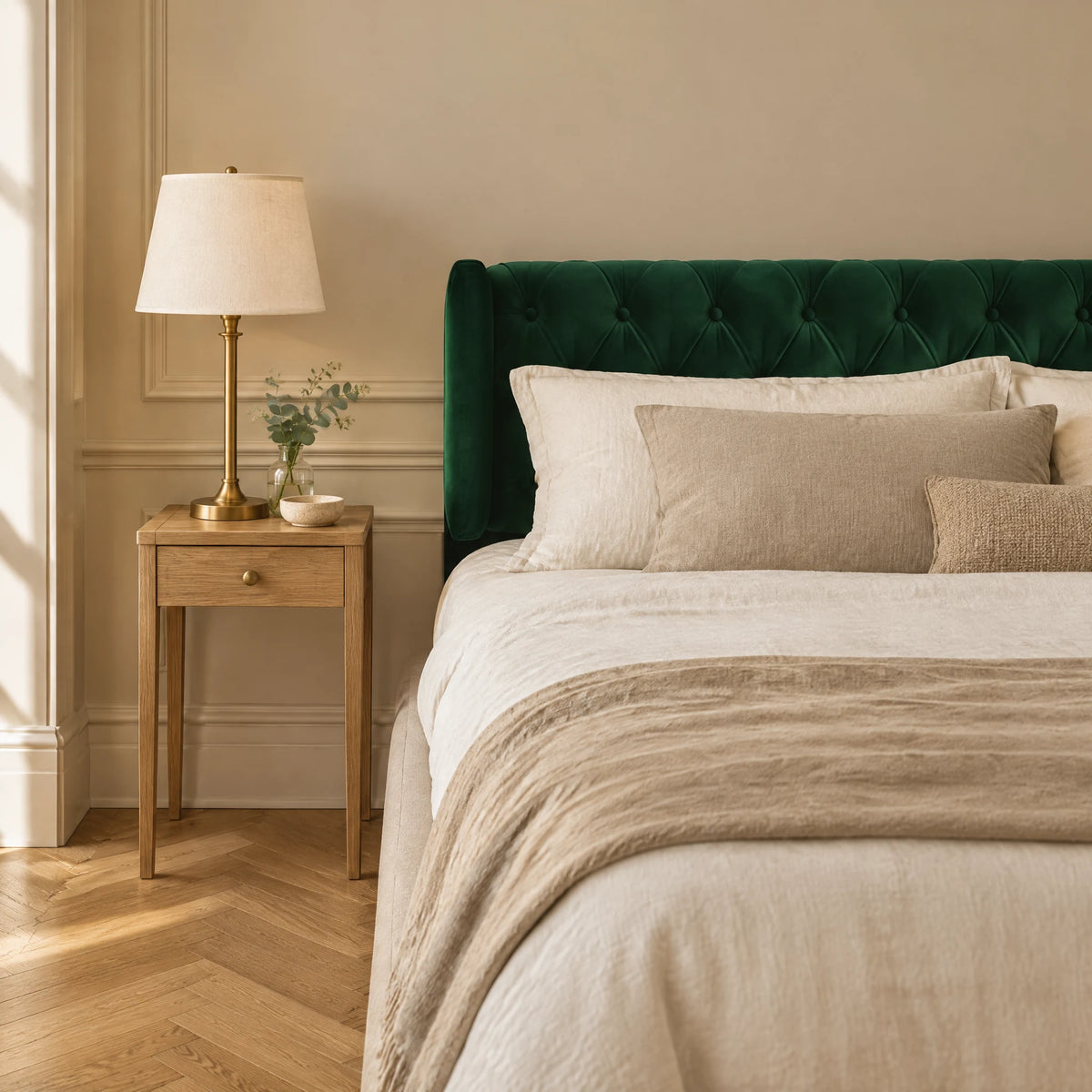 Tête de lit capitonnée à oreilles en velours Montaigne vert sapin dans une chambre, avec table de chevet et lampe