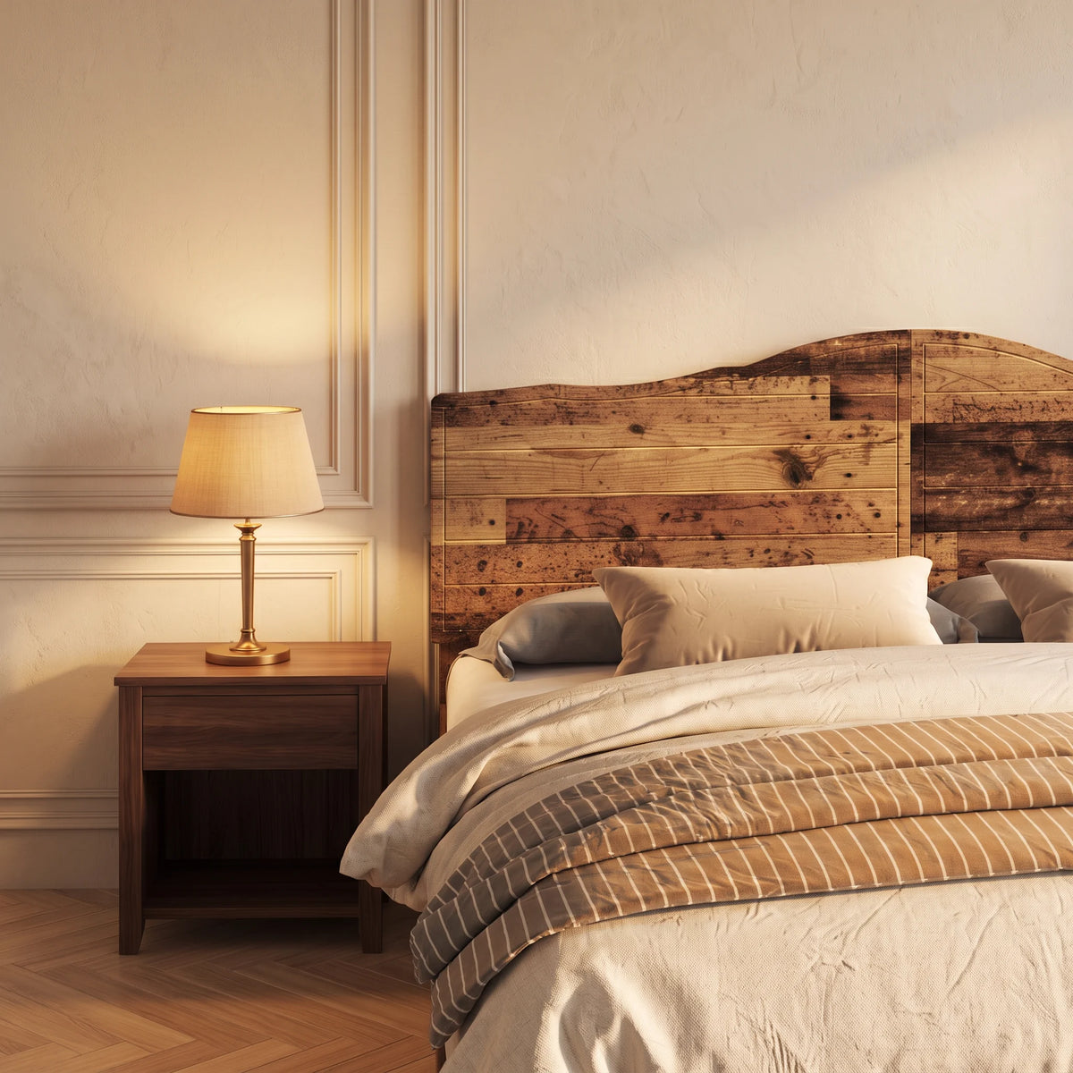 Tête de lit chantournée en bois Marigny, finition bois vieilli, dans une chambre, avec table de chevet et lampe