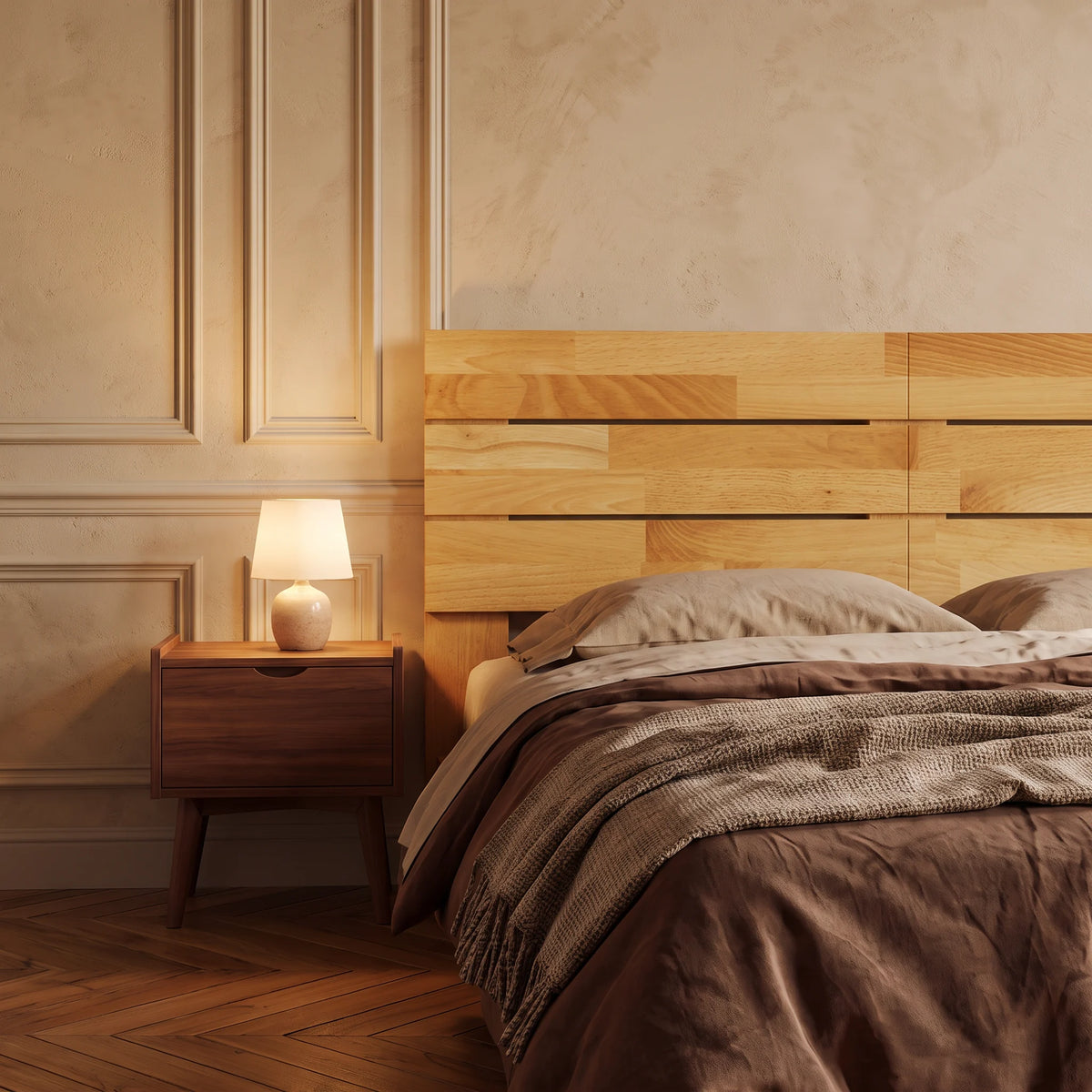 Tête de lit en chêne massif à poser Muette, dans une chambre, avec table de chevet et lampe