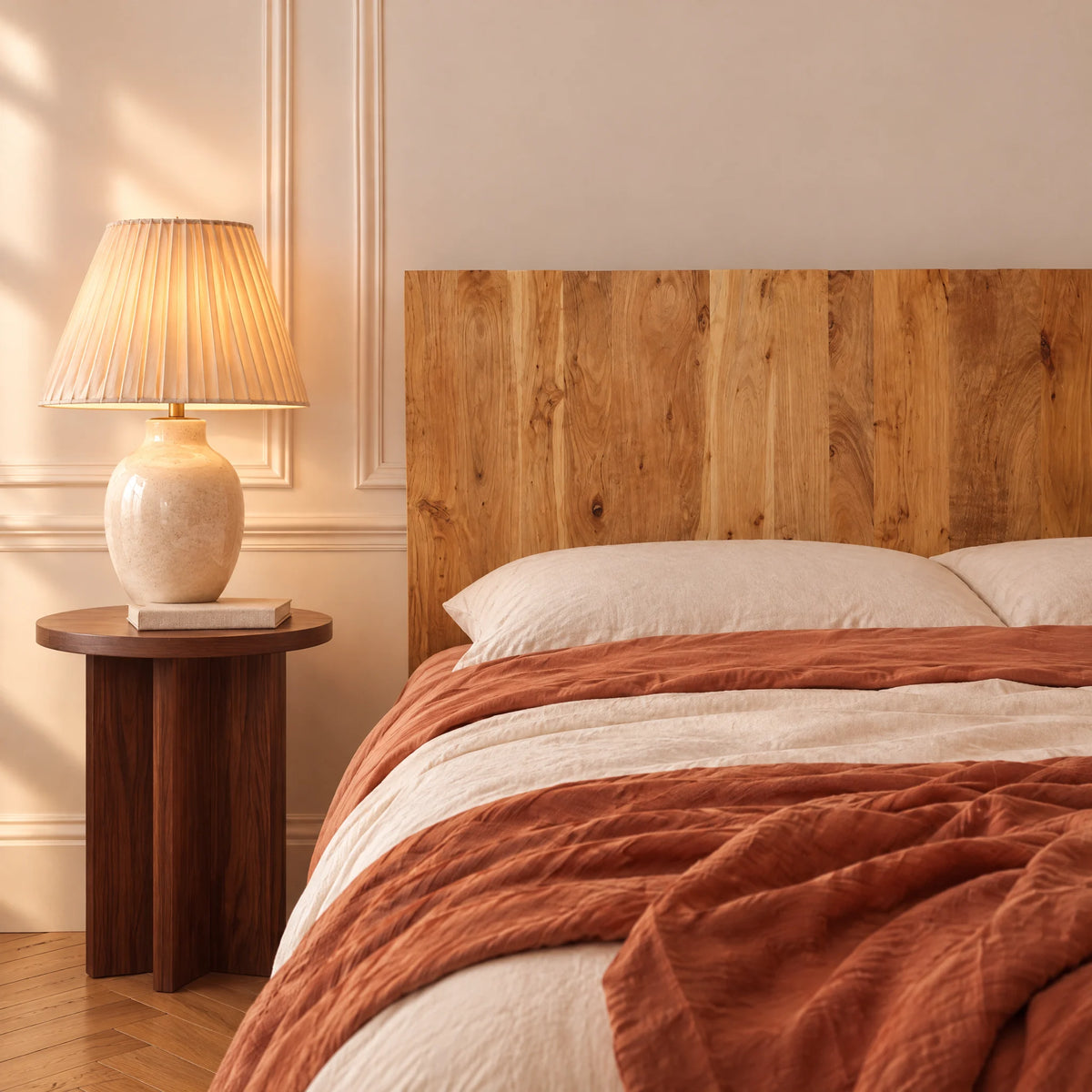 Tête de lit murale en acacia massif Ranelagh, dans une chambre, avec table de chevet et lampe