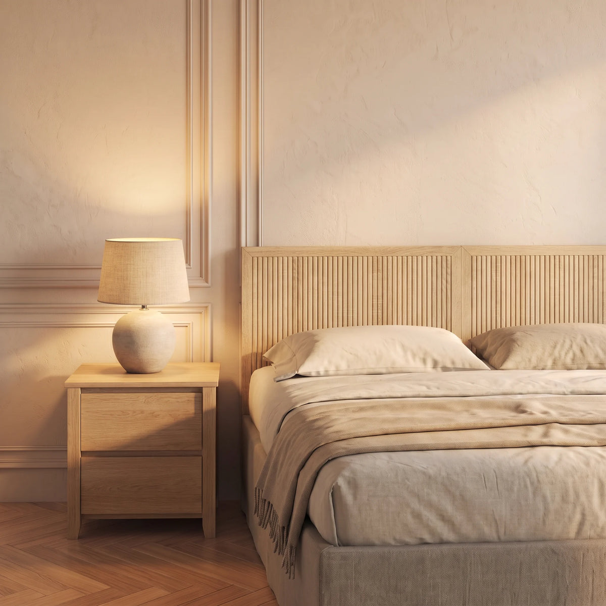 Tête de lit murale en bois cannelé Saint-Germain, finition chêne clair, dans une chambre, avec table de chevet et lampe