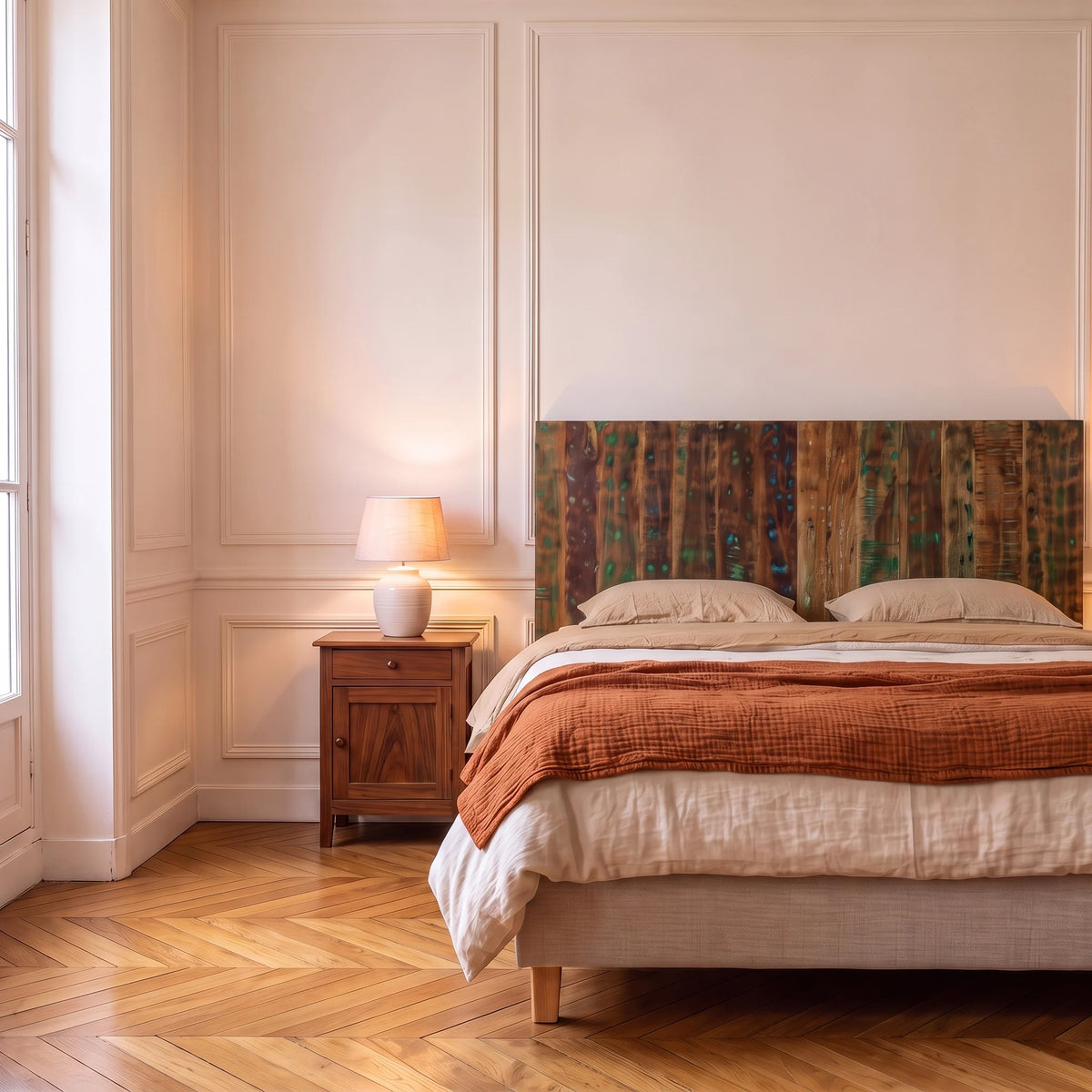 Tête de lit murale en bois de récupération Saint-Paul, dans une chambre, avec table de chevet et lampe