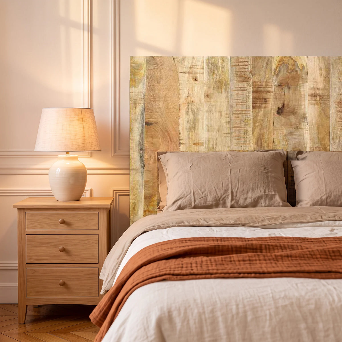 Tête de lit murale haute en manguier massif Daumesnil, dans une chambre, avec table de chevet et lampe