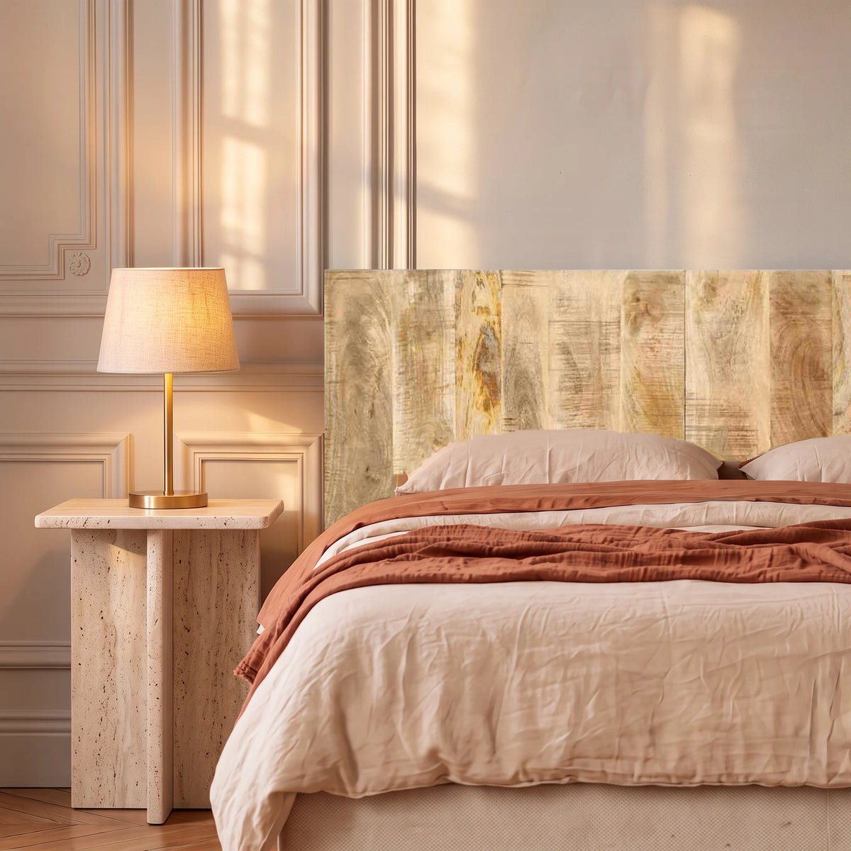 Tête de lit murale en manguier massif Picpus, dans une chambre, avec table de chevet et lampe