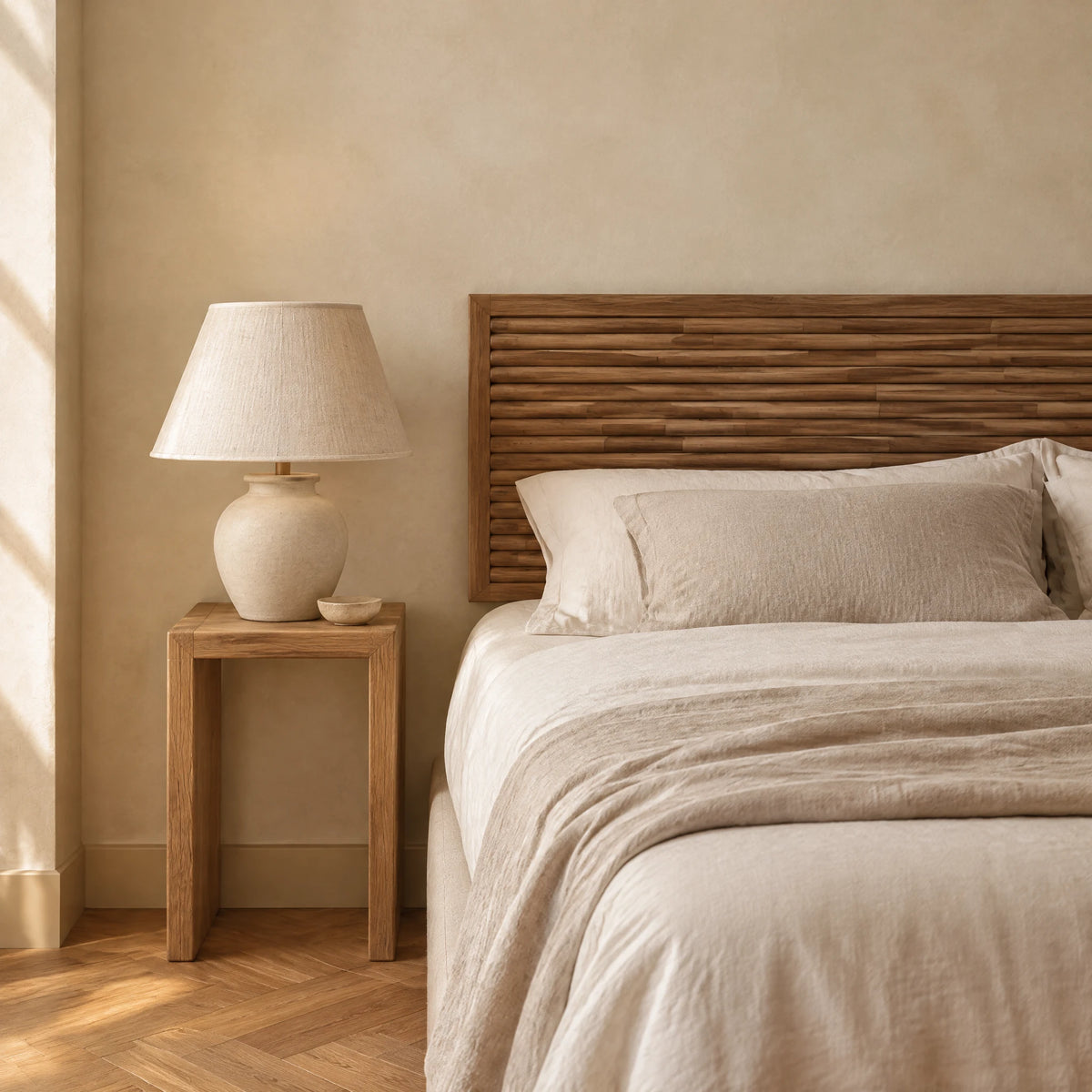 Tête de lit murale Batignolles en teck massif dans une chambre, avec table de chevet et lampe