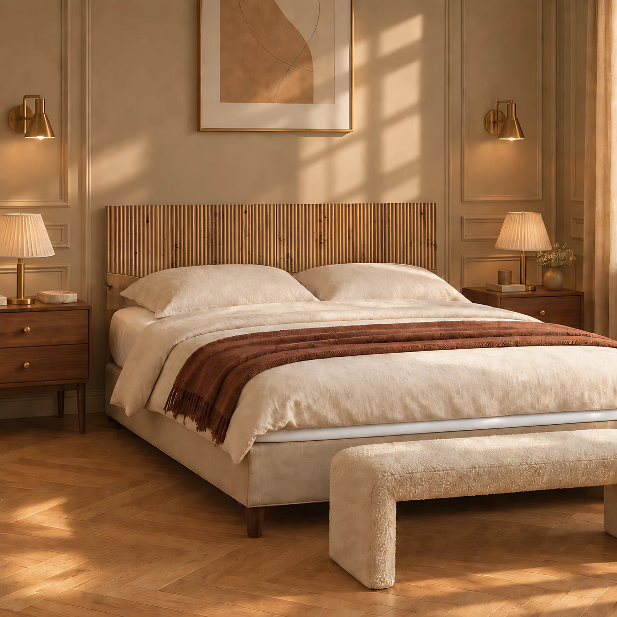 Tête de lit murale en bois Tuileries chêne naturel dans une chambre, vue de trois quarts