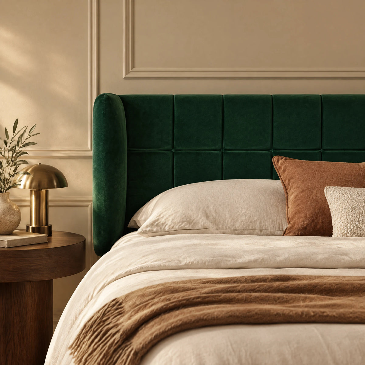 Tête de lit à oreilles en velours Passy vert sapin dans une chambre, avec table de chevet et lampe