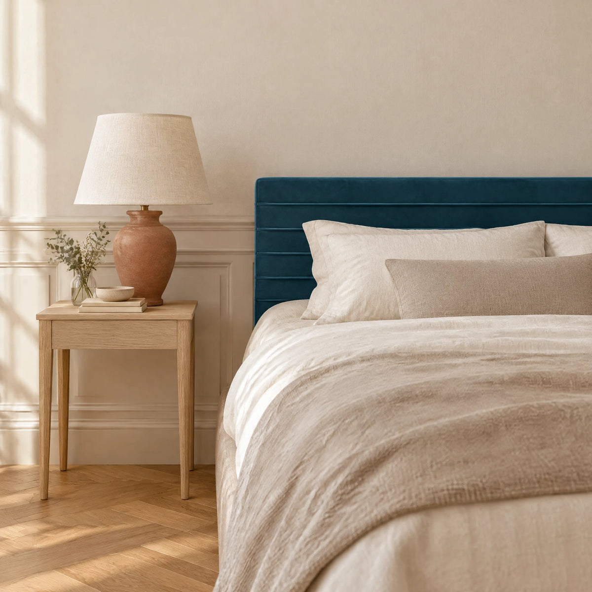 Tête de lit en velours ligné Vivienne bleu canard dans une chambre, avec table de chevet et lampe