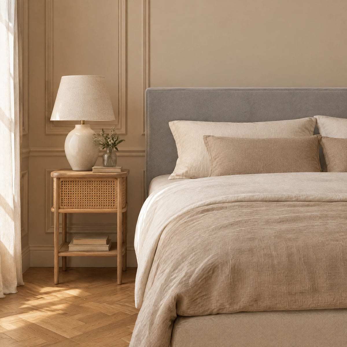Tête de lit en velours lisse Cluny gris clair dans une chambre, avec table de chevet et lampe