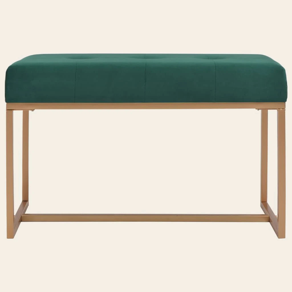 Banc de lit Valois vert sapin en velours et métal doré, vue de face