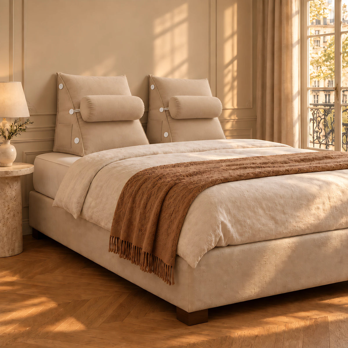 Coussin de lecture Sorbonne beige sur un lit