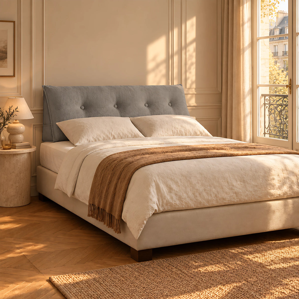 Coussin de tête de lit capitonné Opéra gris derrière un lit double, vue de face