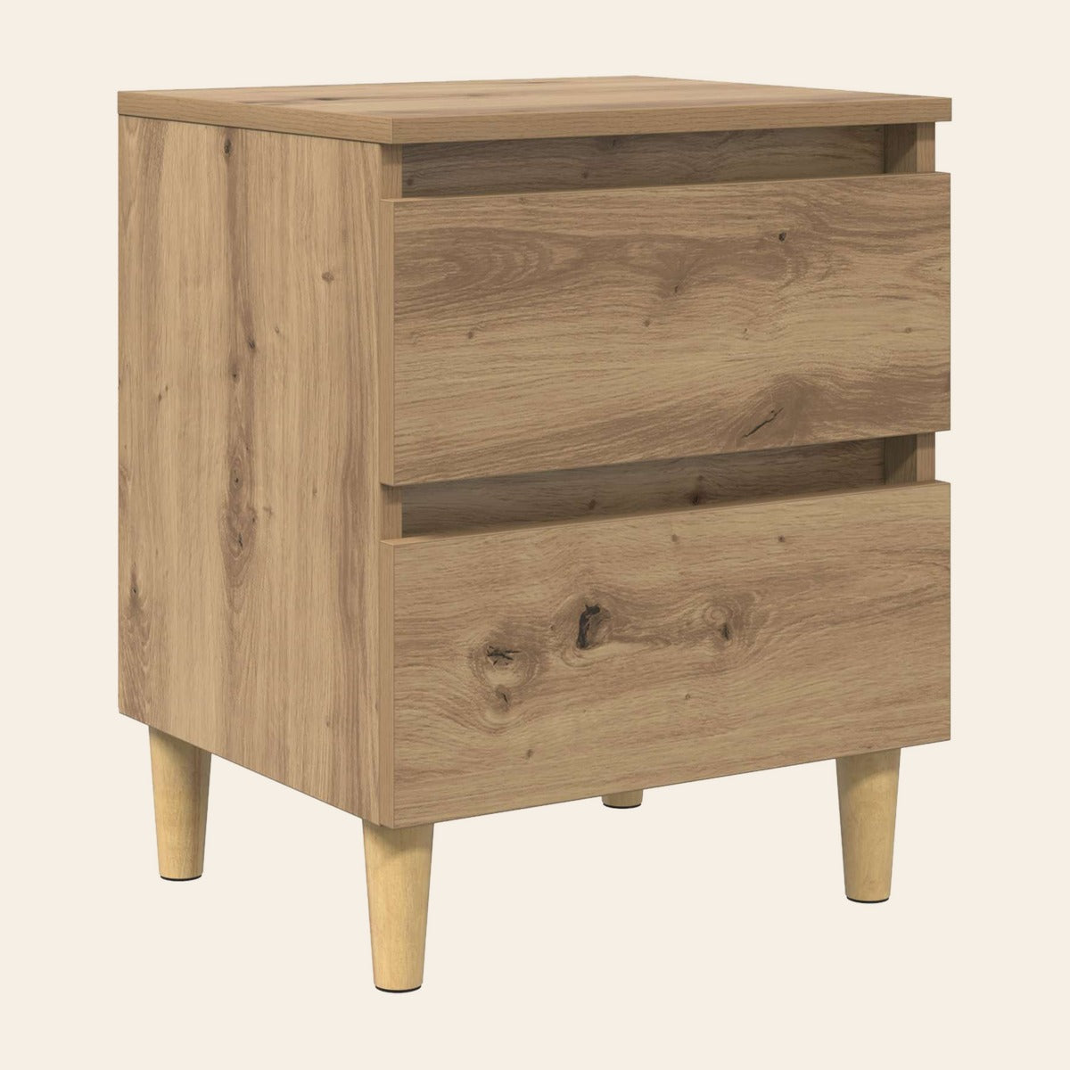Table de chevet Aurore en décor chêne naturel, deux tiroirs, pieds en pin massif