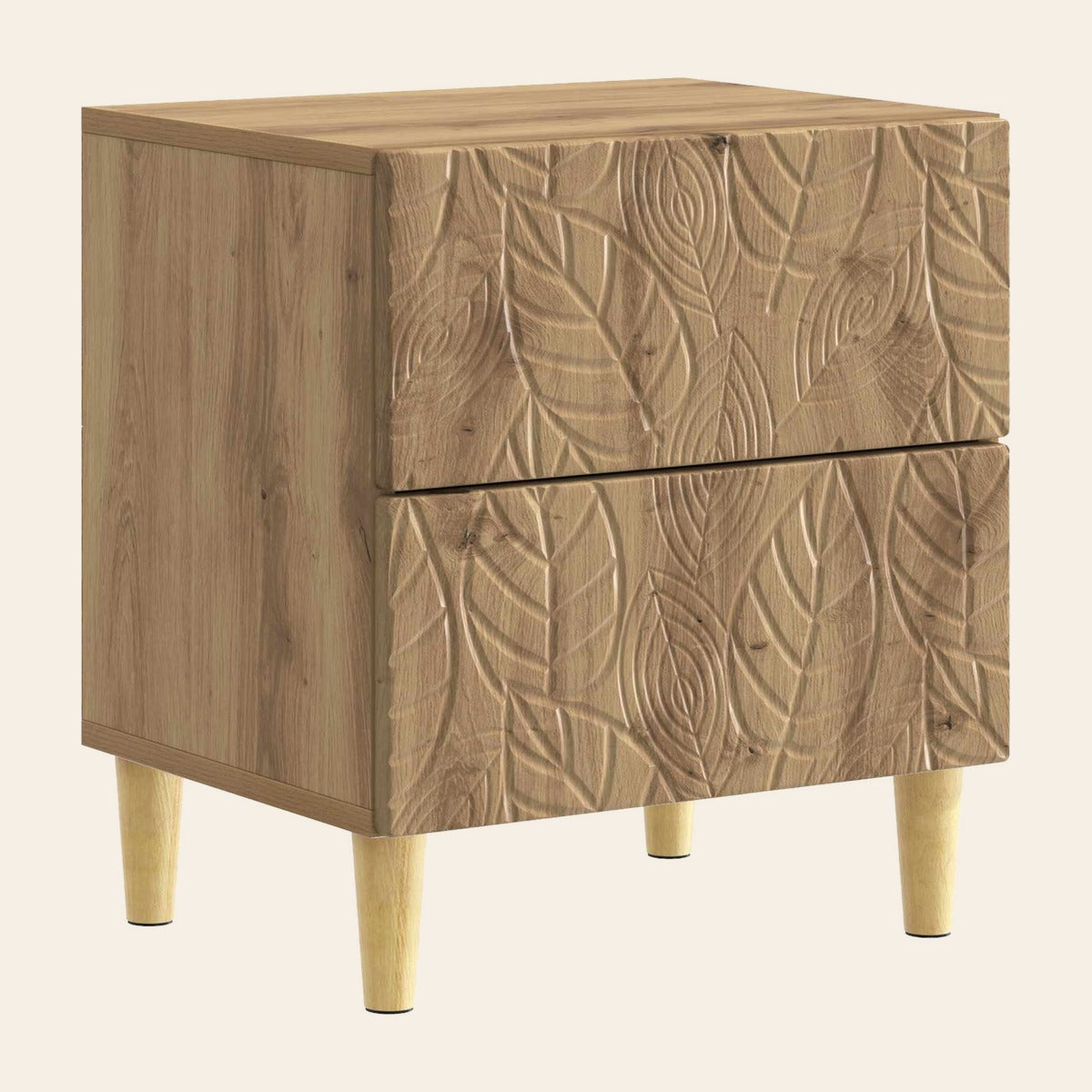 Table de chevet Songe en décor chêne naturel, deux tiroirs sculptés de feuilles, pieds en eucalyptus