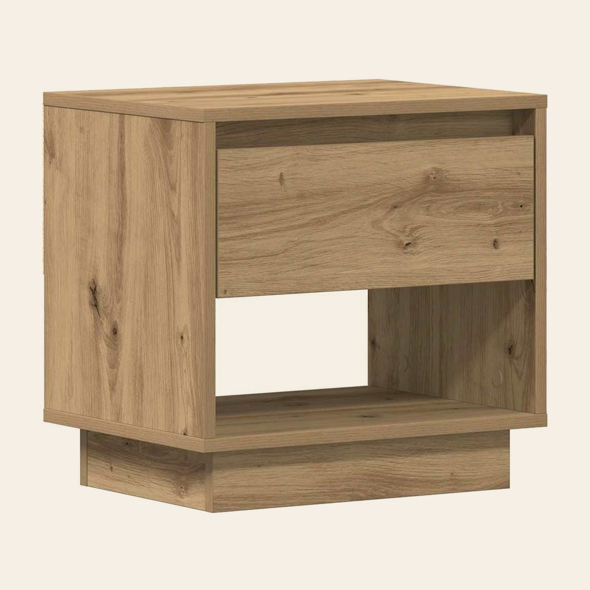 Table de chevet Veilleuse en décor chêne naturel, tiroir et niche ouverte, socle en retrait