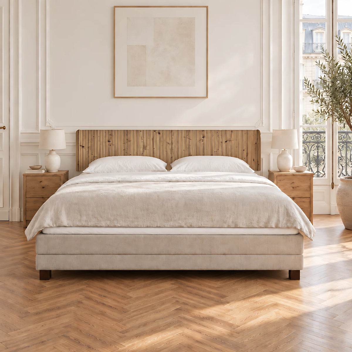 Tête de lit Vendôme chêne naturel derrière un lit double, vue de face