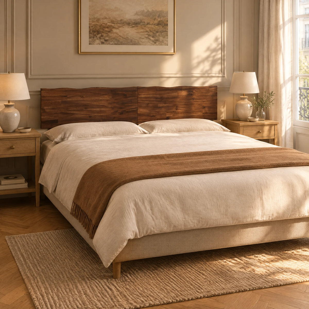 Tête de lit en acacia massif Vincennes finition acacia brun dans une chambre parisienne, vue de trois quarts
