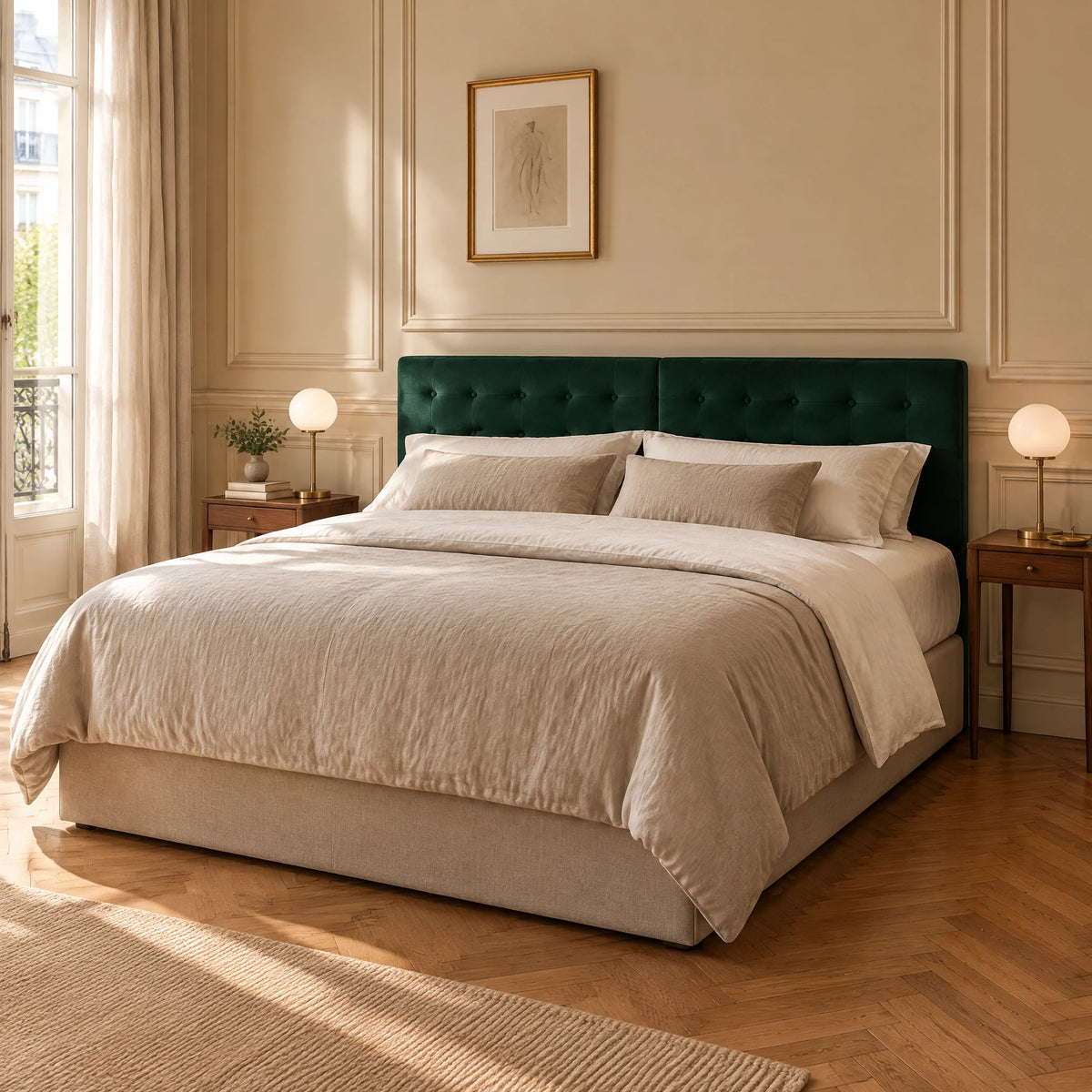Tête de lit boutonnée en velours Dauphine vert sapin dans une chambre, vue de trois quarts