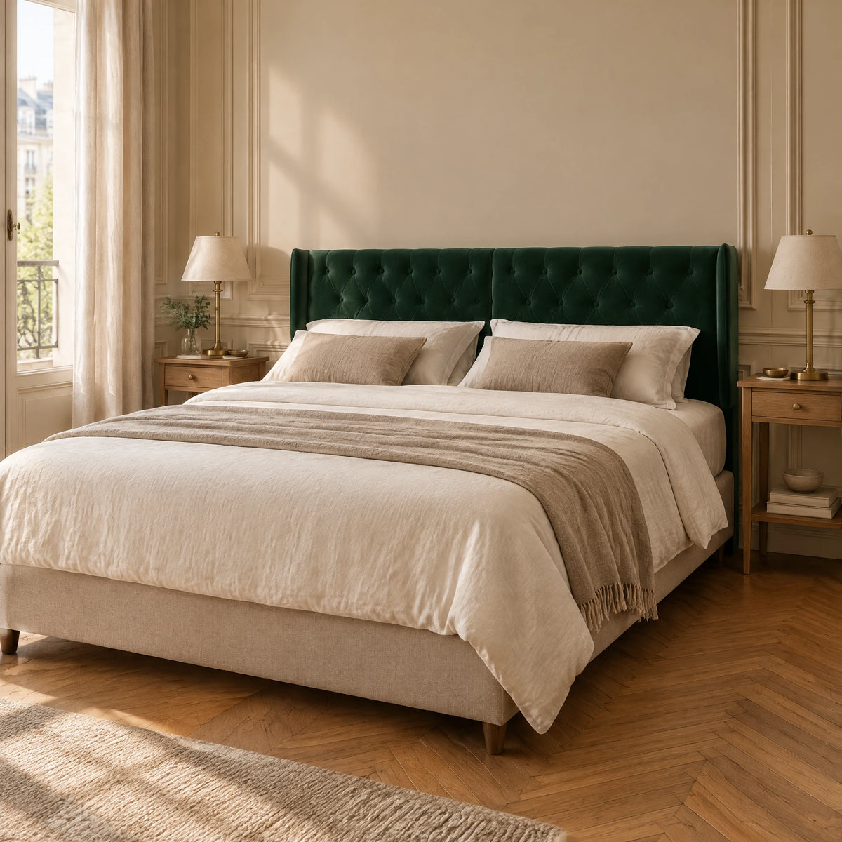 Tête de lit capitonnée à oreilles en velours Montaigne vert sapin dans une chambre, vue de trois quarts