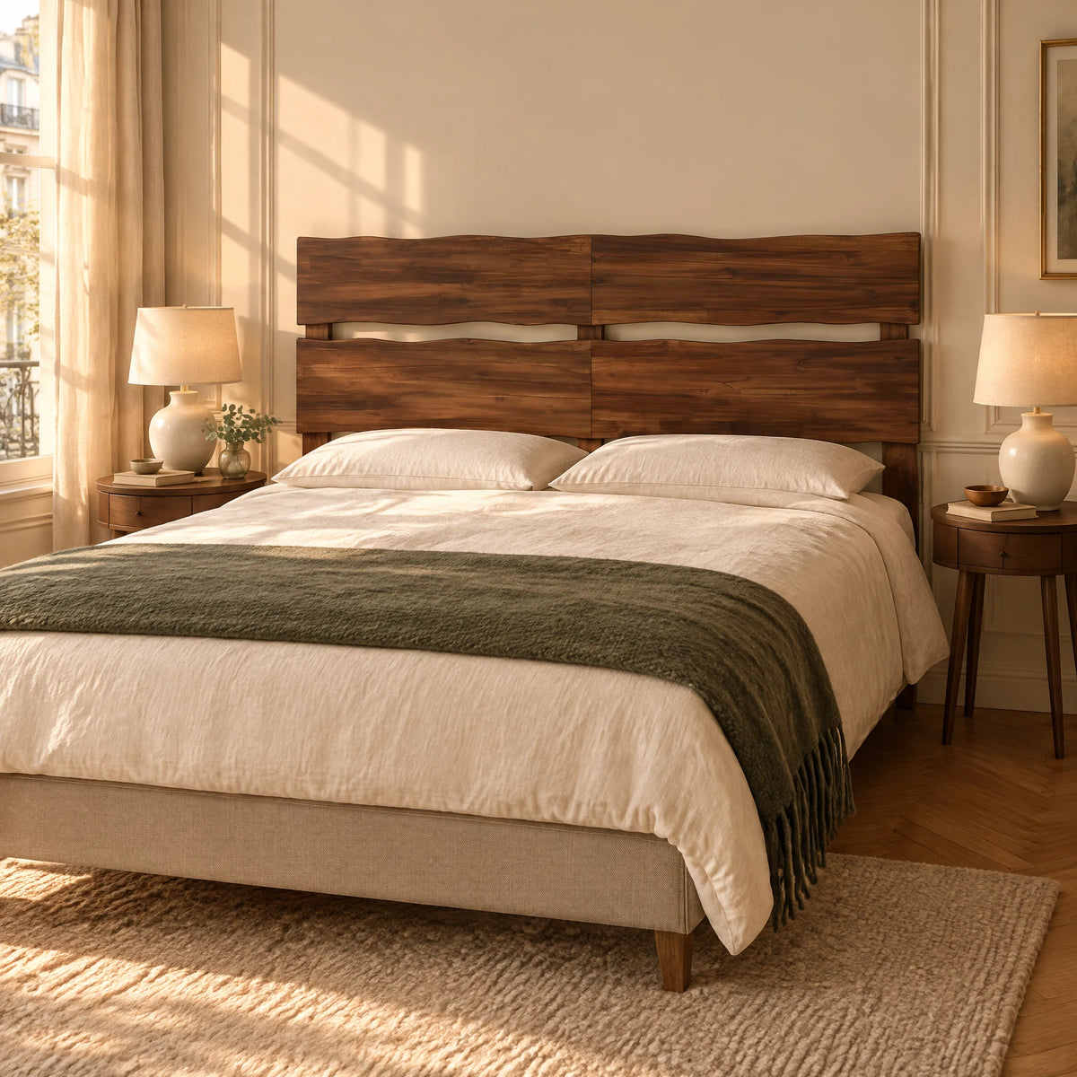 Tête de lit haute en acacia massif Boulogne finition acacia brun dans une chambre parisienne, vue de trois quarts
