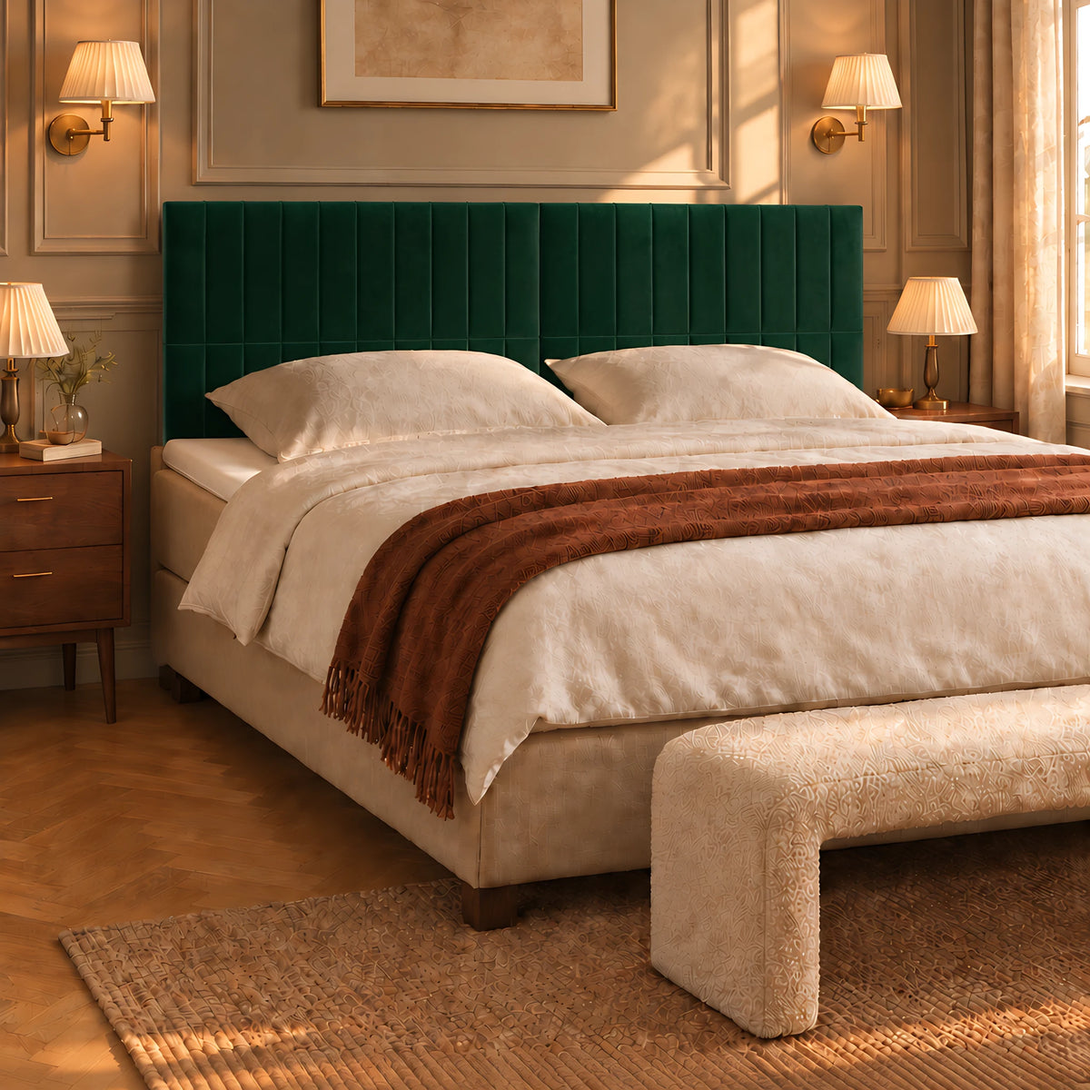 Tête de lit haute en velours à poser Étoile vert sapin dans une chambre, vue de trois quarts