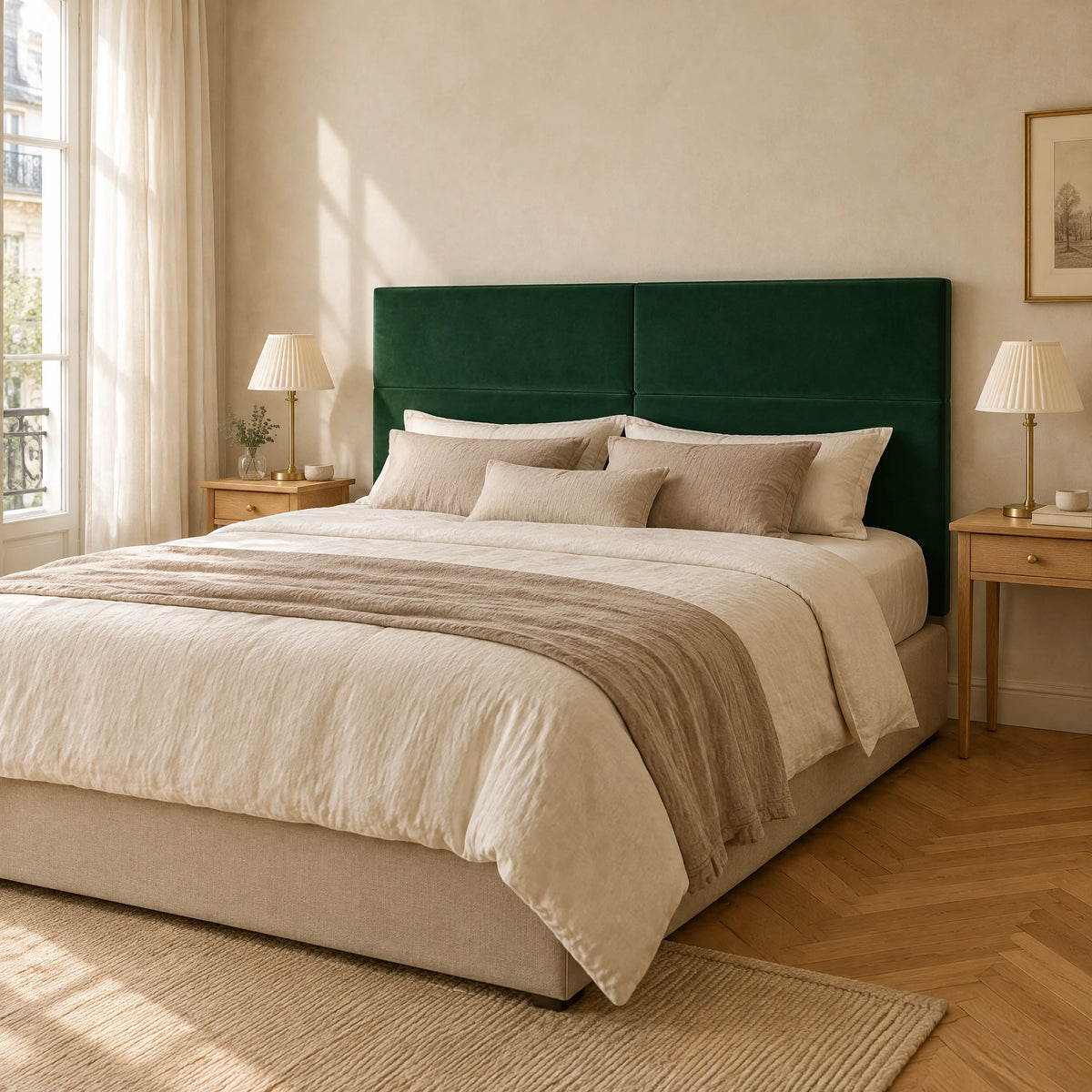Tête de lit haute en velours lisse Châtelet vert sapin dans une chambre, vue de trois quarts