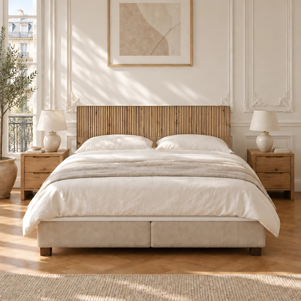 Tête de lit Tuileries chêne naturel au-dessus d'un lit double, vue de face