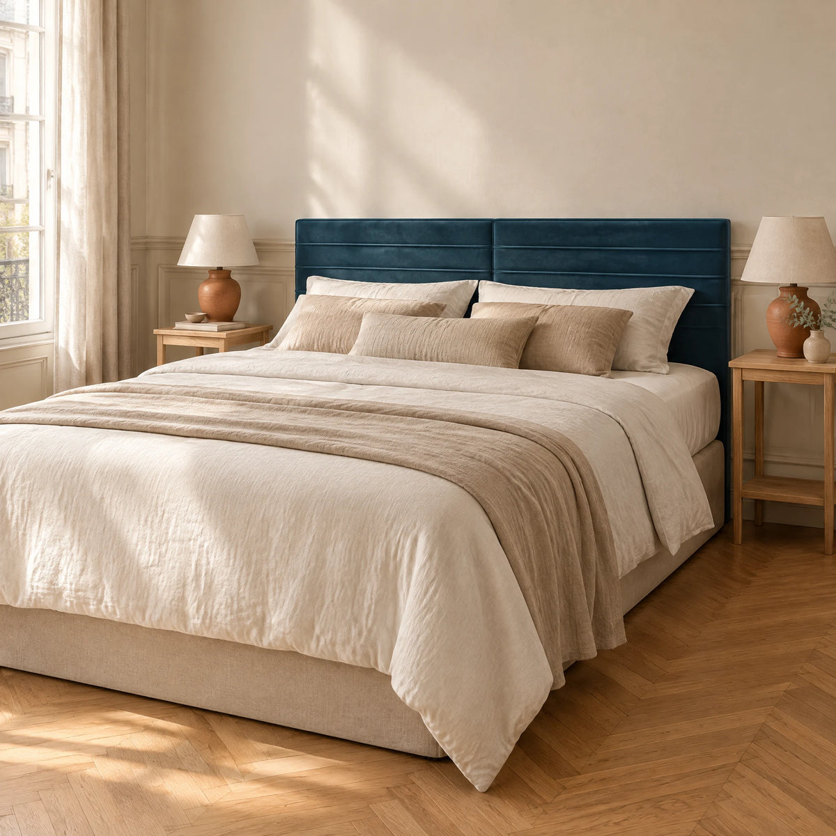 Tête de lit en velours ligné Vivienne bleu canard dans une chambre, vue de trois quarts