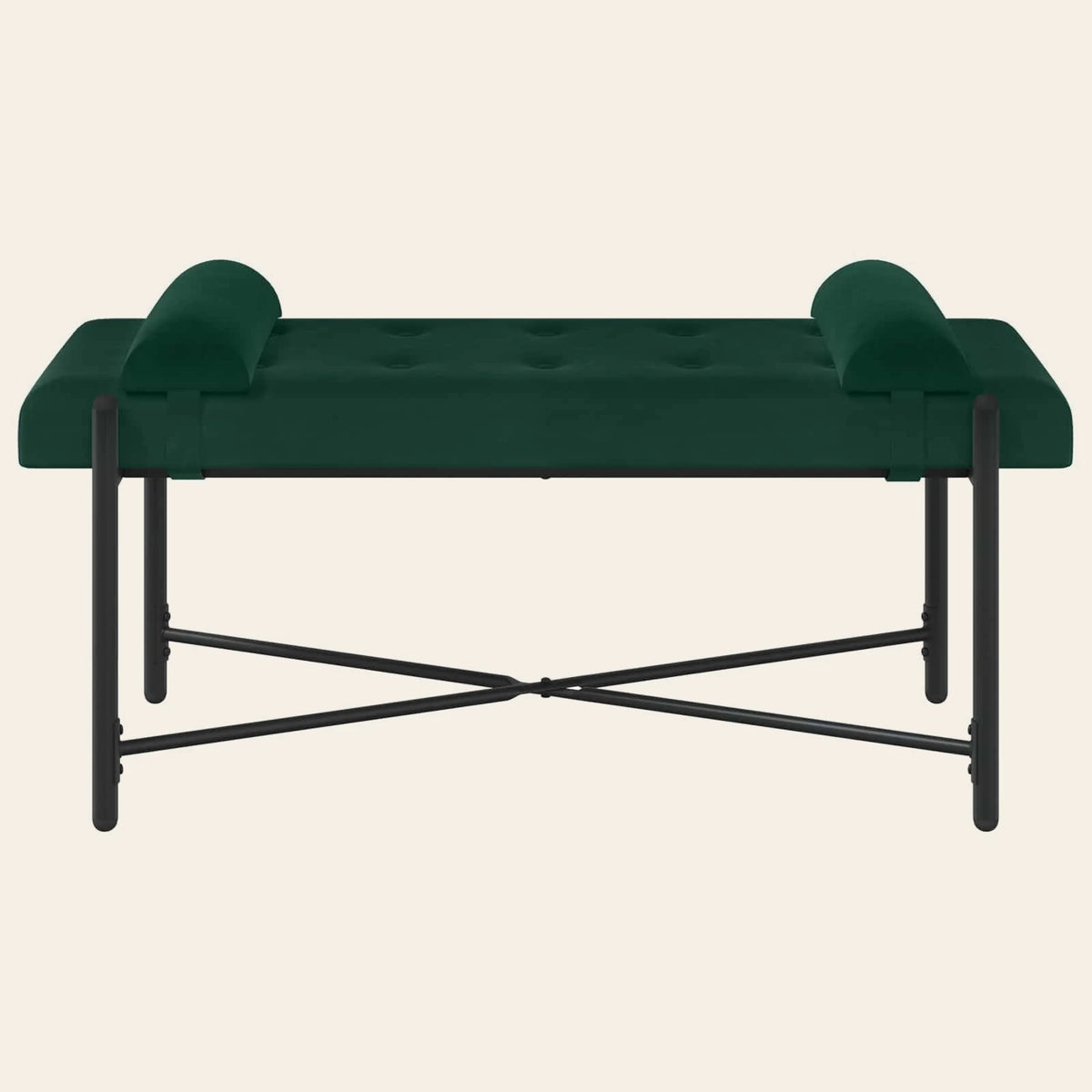 Banc de lit Jouffroy vert sapin en velours capitonné, vue de face avec ses traversins