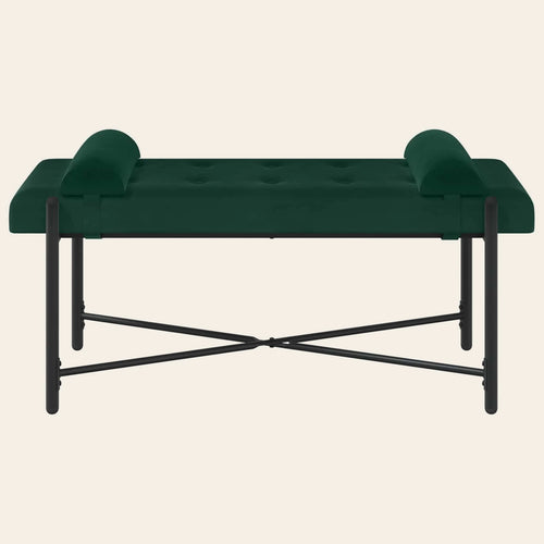 Banc de lit Jouffroy vert sapin en velours capitonné, vue de face avec ses traversins