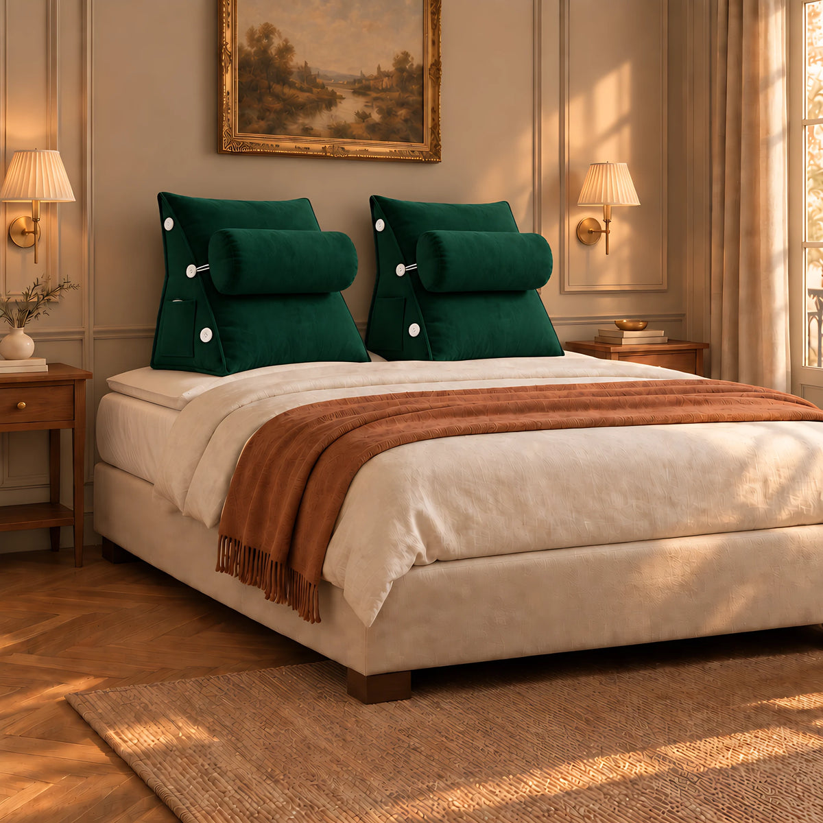 Coussin de lecture Sorbonne vert sur un lit