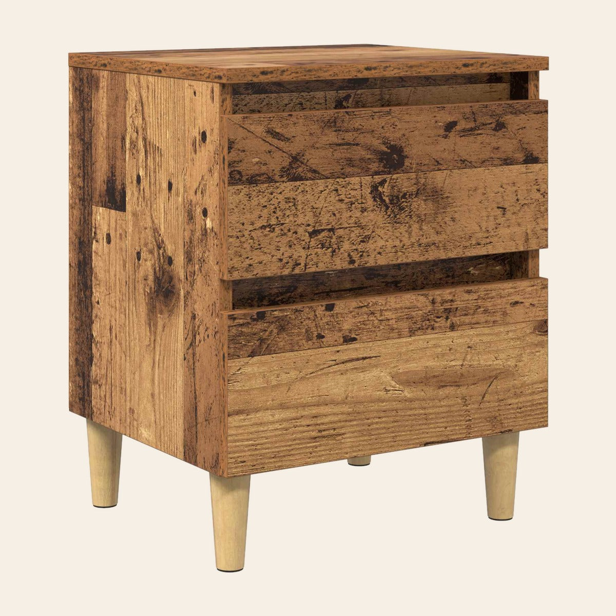 Table de chevet Aurore en décor bois vieilli, deux tiroirs, pieds en pin massif
