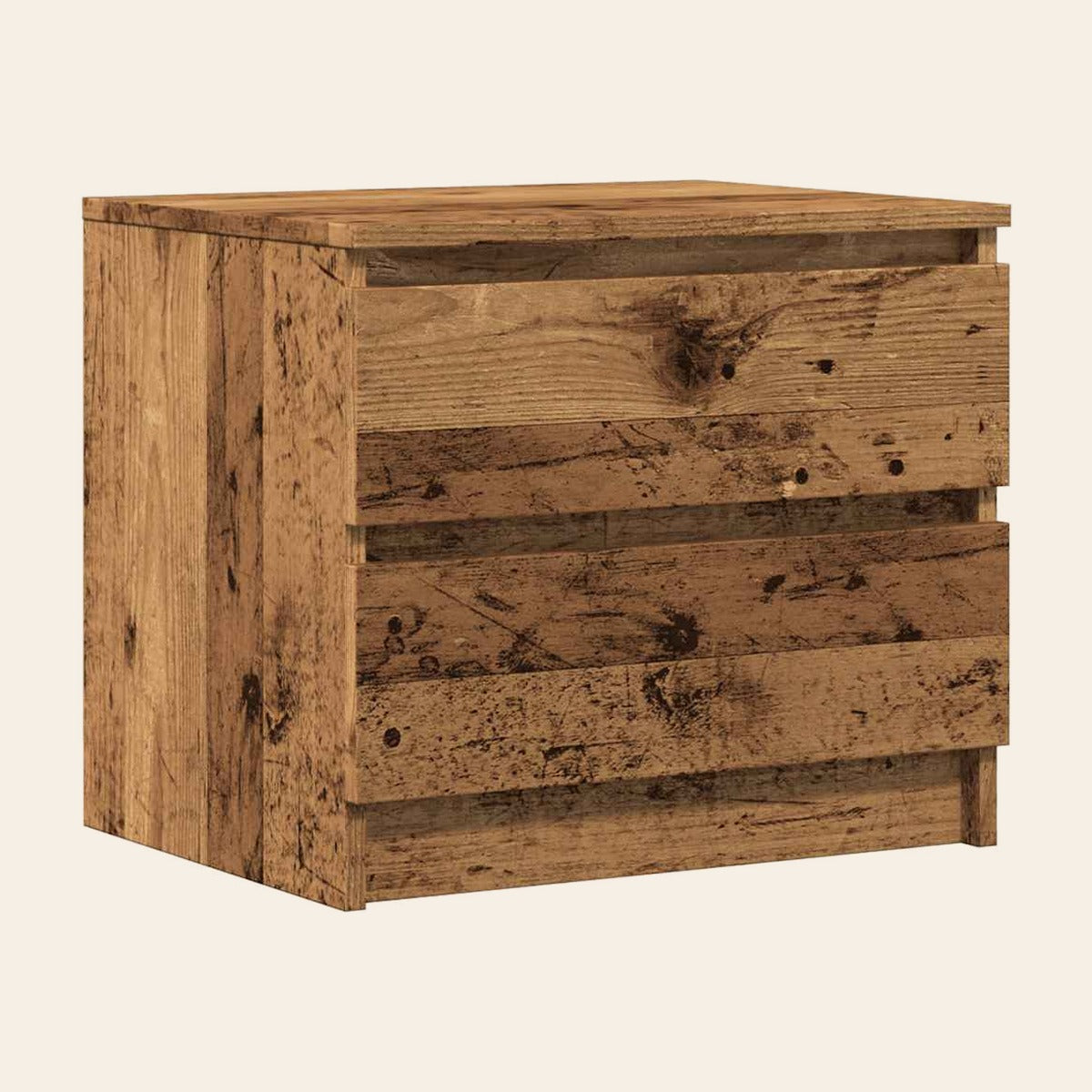 Table de chevet Crépuscule en décor bois vieilli, deux grands tiroirs, plinthe en retrait